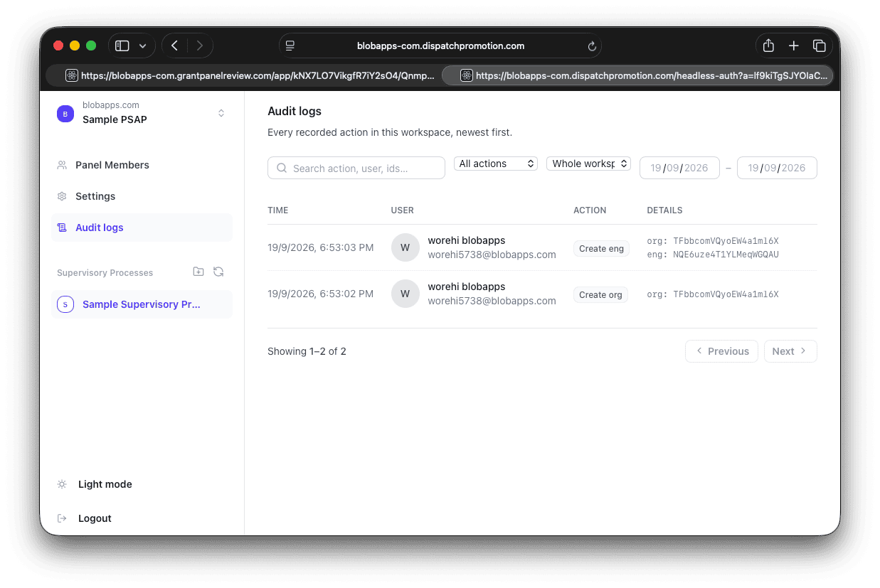 Audit log screen listing every recorded action in the workspace, newest first