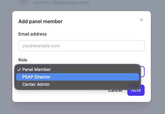 Add panel member dialog with role selection